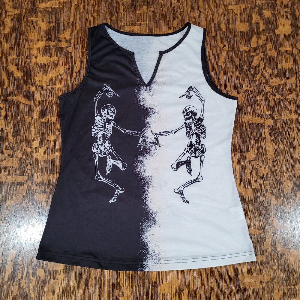 Sleeveless Top: Dancing Skeletons. Black and White. M.